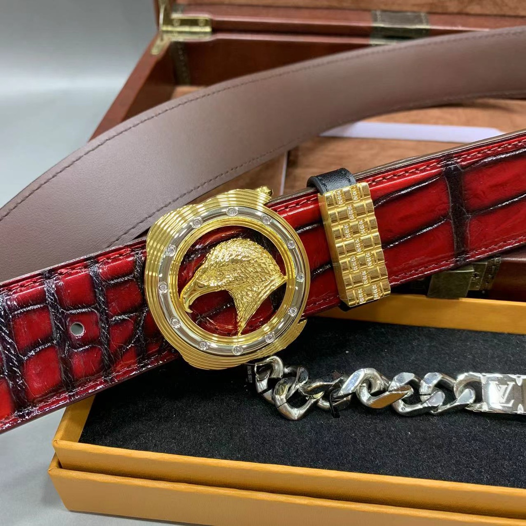 史蒂芬新款男士皮带高档休闲奢华老鹰头鳄鱼皮腰带红色时尚百搭