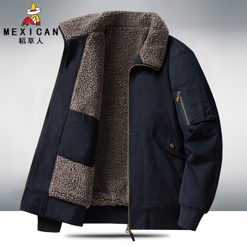 稻草人秋冬季夹克潮流户外加绒加厚款保暖羊羔绒棉衣男士休闲棉服