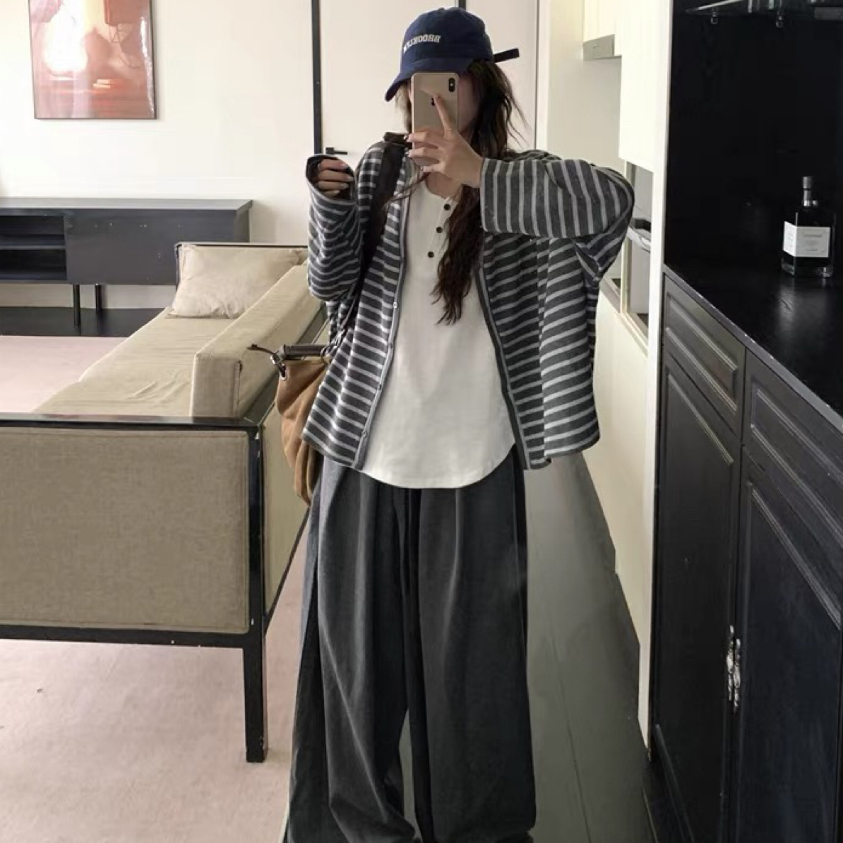 条纹长袖外搭开衫搭配高腰阔腿裤休闲慵懒风套装