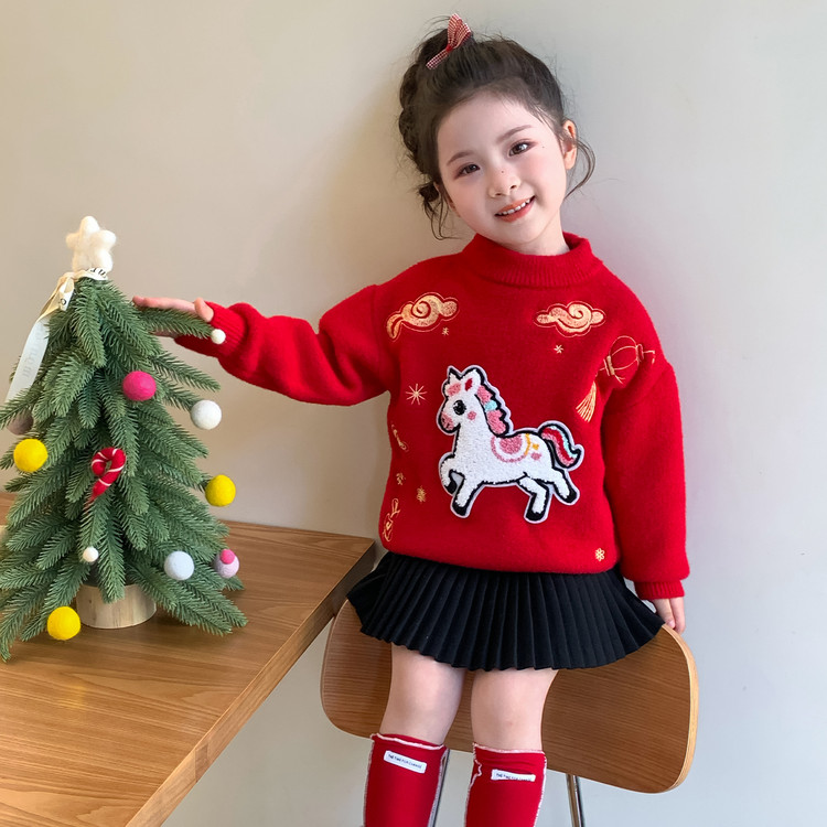 女童红色喜庆毛衣秋冬季2025新款儿童针织衫女宝宝马年新年衣服潮