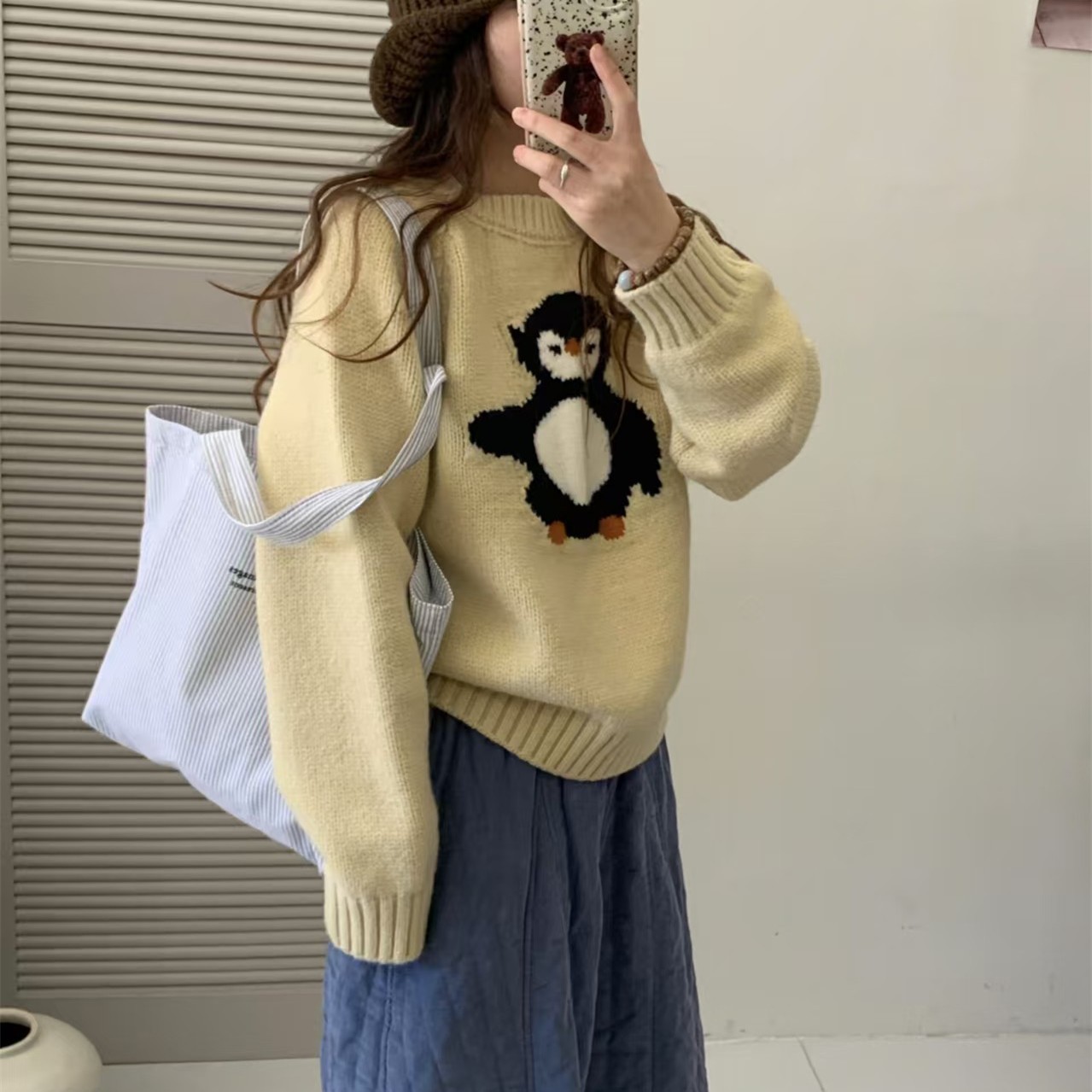 超好看提花卡通图案毛衣秋冬2025新款前后两穿高级软糯宽松针织衫