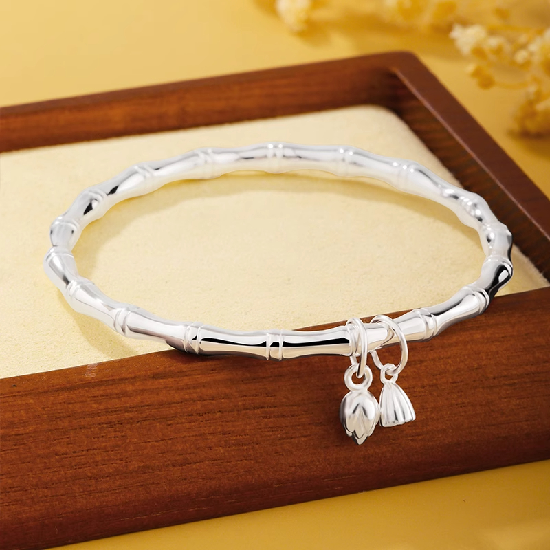 足银手镯 实心气质百搭镯子竹节999.9纯银手镯女两世欢手环送女友