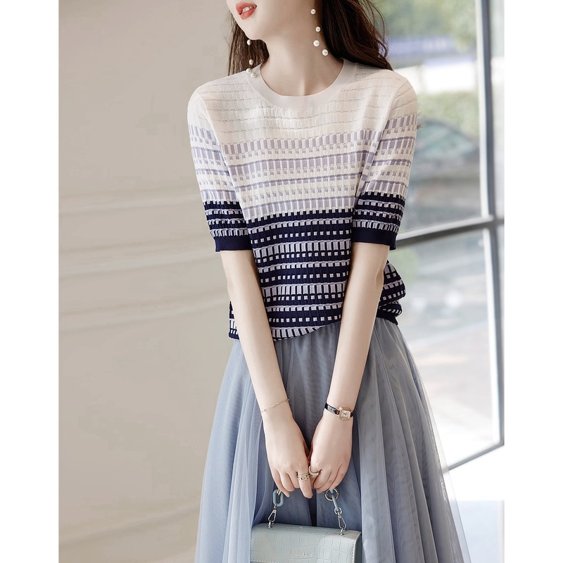 气质小香风渐变色圆领针织短袖T恤女夏新款时尚休闲减龄百搭上衣