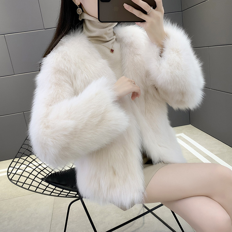 海宁新款仿狐狸毛轻奢百搭2024款冬季v领皮草外套女时尚短款长袖