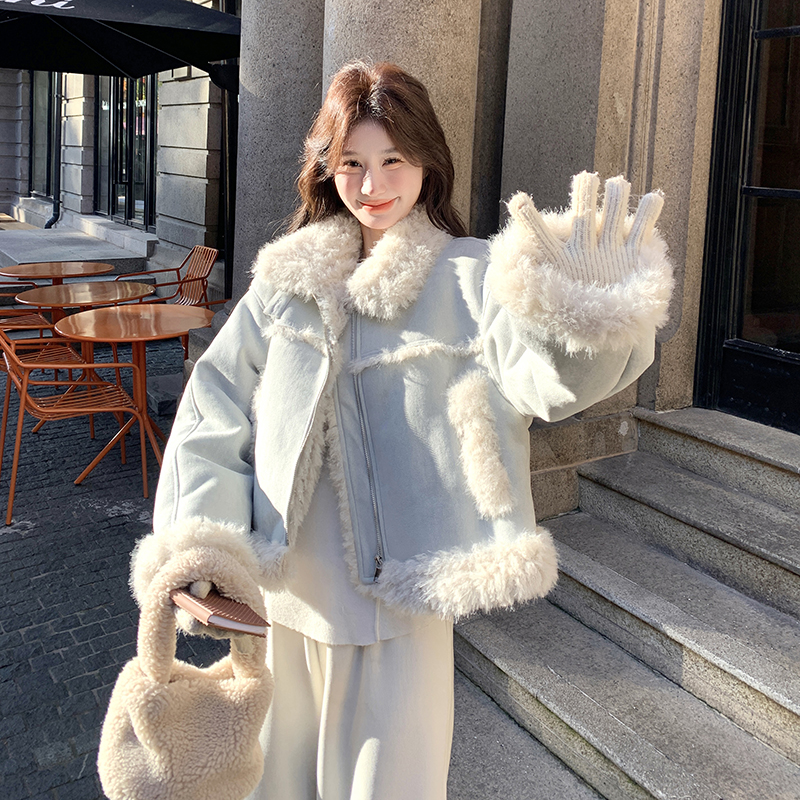 雾霾蓝色皮毛一体羊羔毛外套女冬季短款小个子机车服软糯高级感