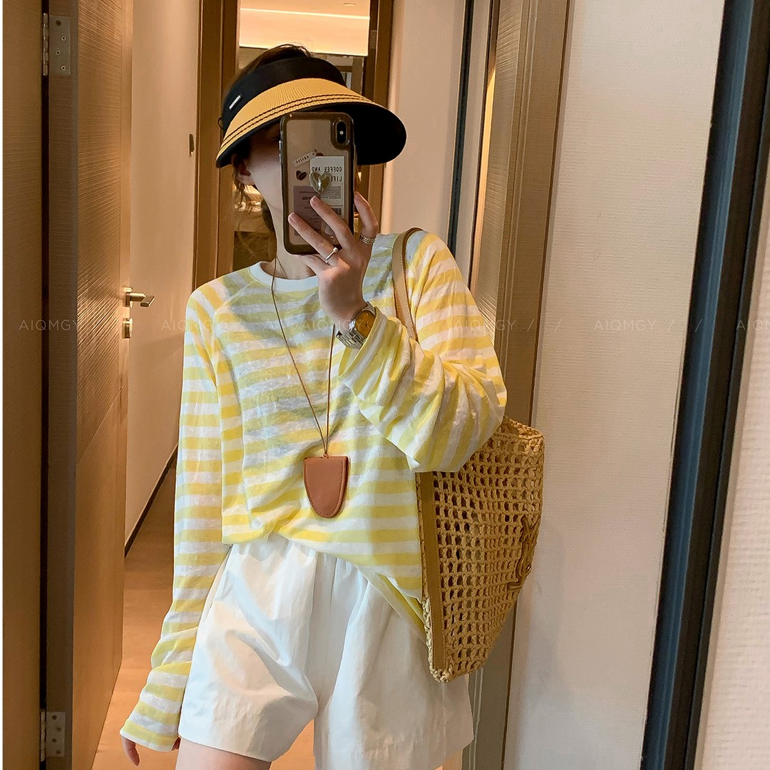 条纹T恤女长袖夏季薄款2025年新款防晒罩衫休闲宽松圆领防晒上衣