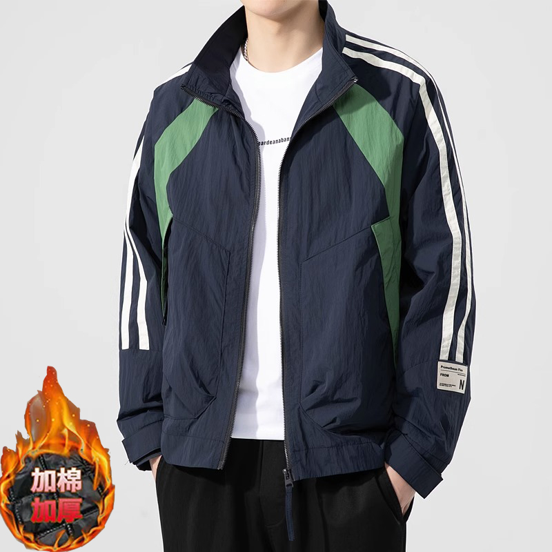 美式痞帅加棉加厚拼接外套男2025春秋新款立领休闲潮流夹克上衣服