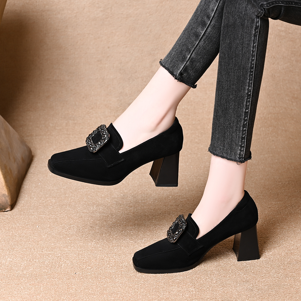 真皮羊皮方扣水钻磨砂皮软皮深口单鞋秋季新款粗跟高跟时尚女鞋