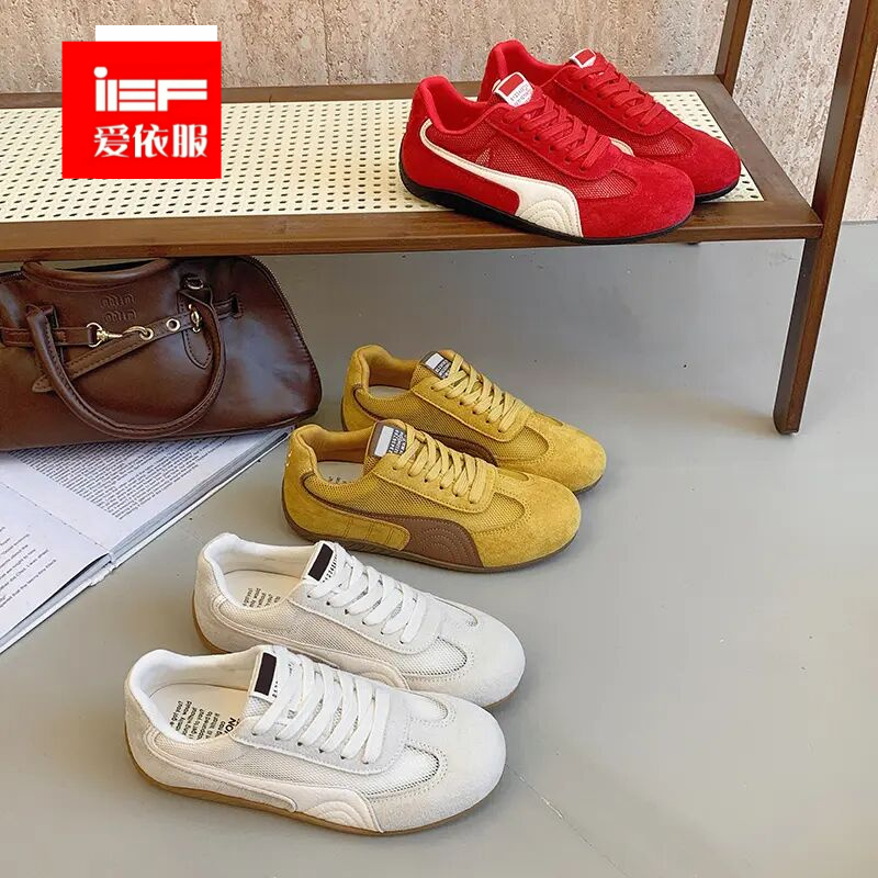 IEF/爱依服训鞋女2025年夏季新款百搭网面复红色真皮复古德训
