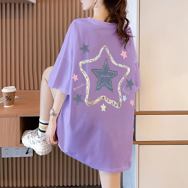 100%纯棉短袖t恤女ins潮2025夏季垂坠感中长款洋气宽松显瘦体恤衫