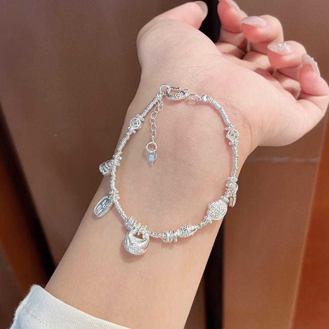 足银手链 足银999上上签小胖福女款小众设计轻奢葫芦简约精致银饰