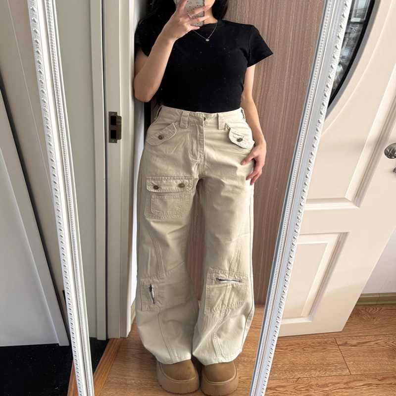 美式高街杏色工装牛仔裤女2025秋季新款高腰显瘦不贴腿咖色微喇裤