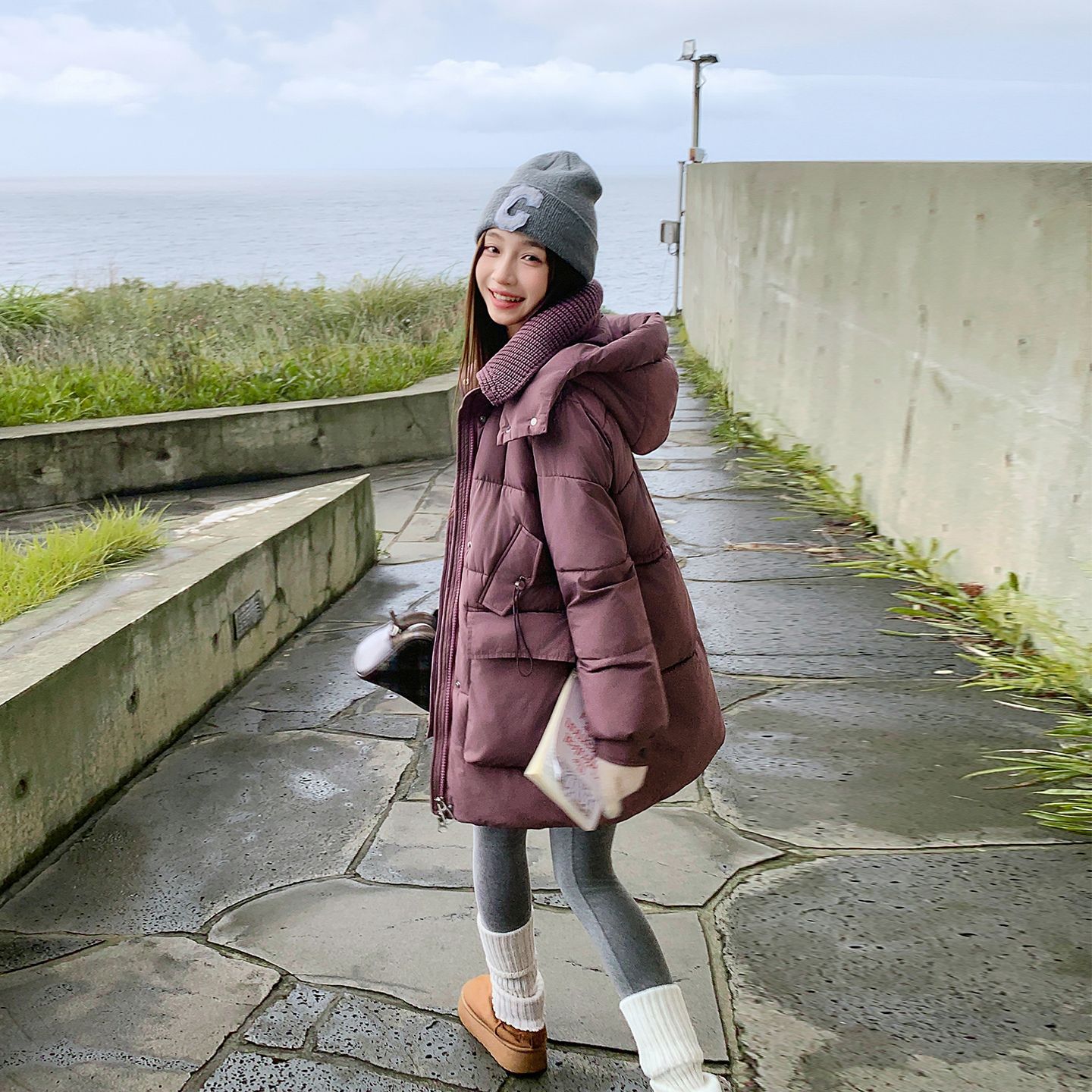 欧货中长款洋气针织翻领大码棉衣棉服冬季百搭新款大码显瘦棉袄外