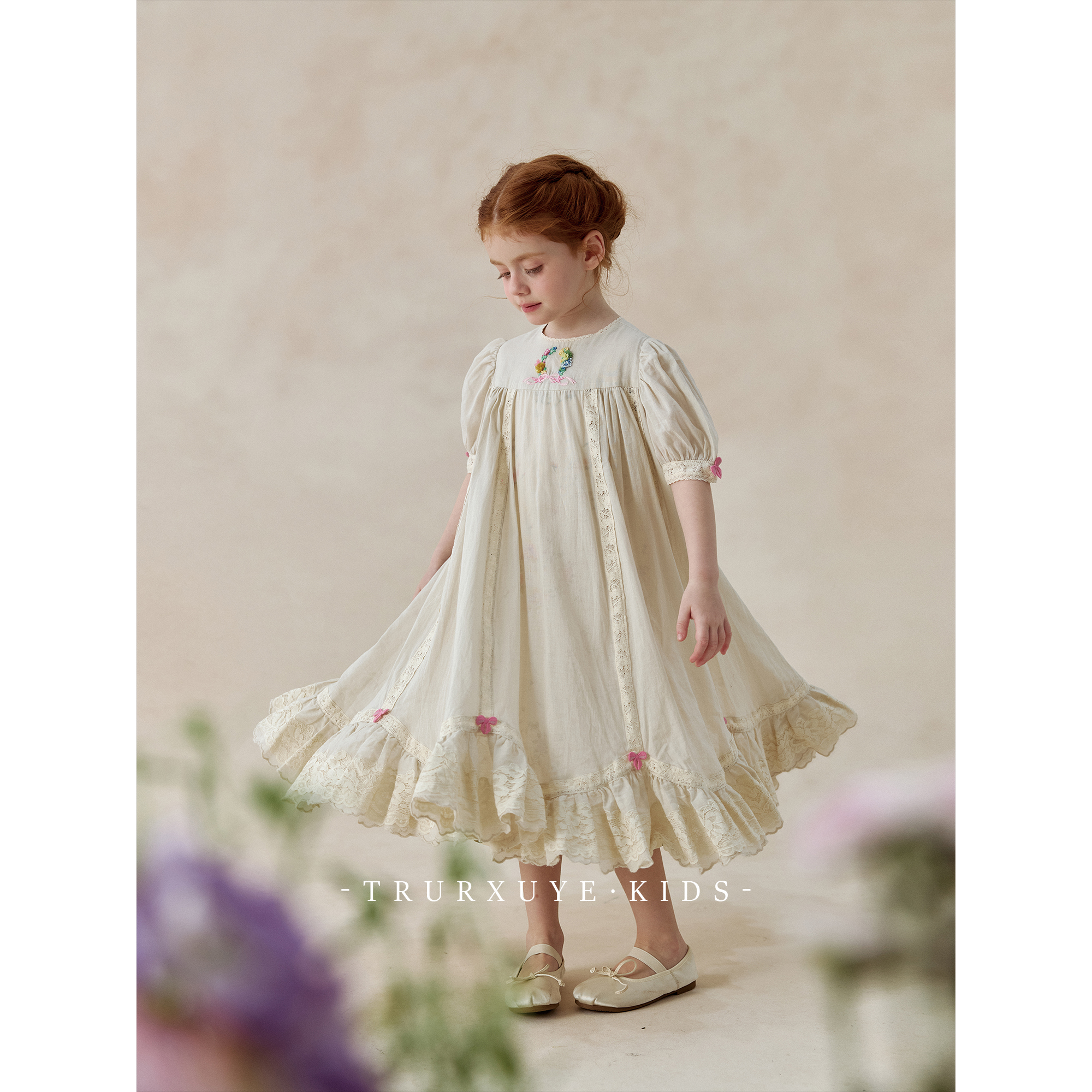 初煦 限量高定!重磅女童纯手工刺绣连衣裙蕾丝花边超仙度假公主裙