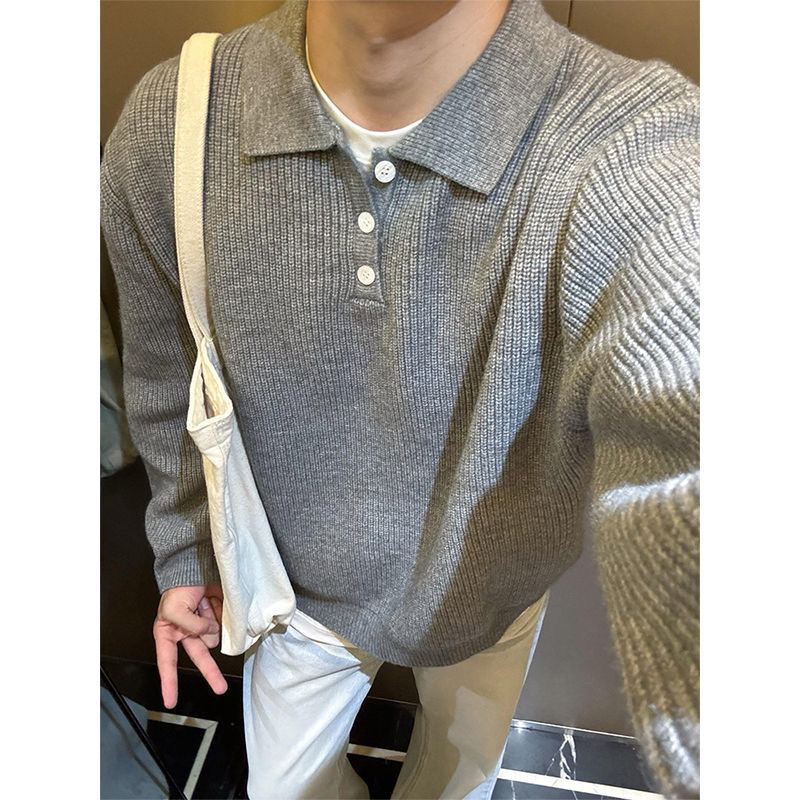 老钱风重磅polo领毛衣男款潮牌秋季宽松复古慵懒风纯色针织衫上衣