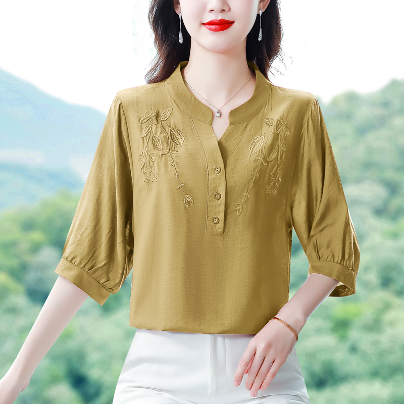 2025夏季新款中袖刺绣妈妈休闲百搭时尚衬衫棉麻上衣女五分袖小衫