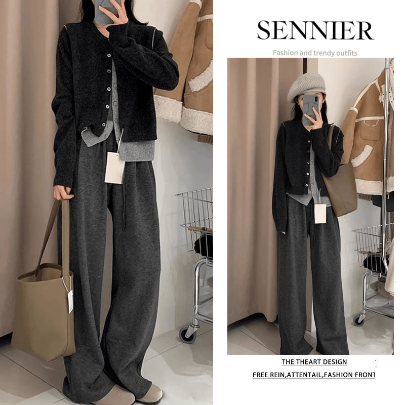 【现货】2025早秋新款气质休闲假两件针织上衣显瘦阔腿裤两件套潮