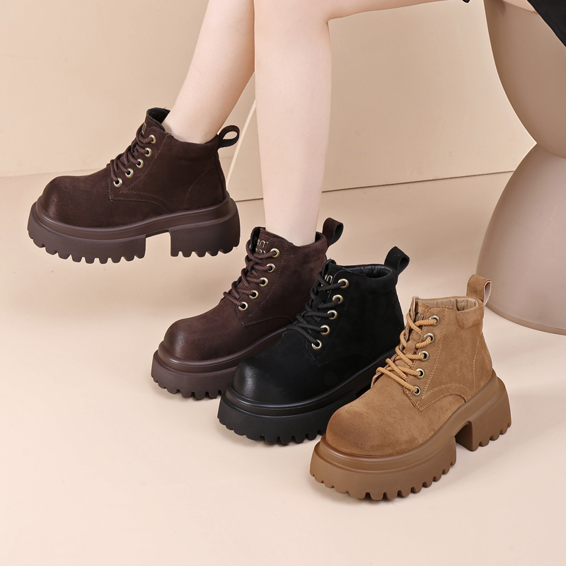 复古新款机车马丁靴女英伦秋冬厚底2024增高加绒短靴大黄工装