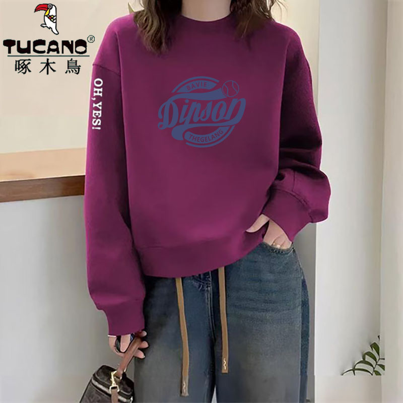 啄木鸟纯棉春秋外穿慵懒风卫衣女百搭chic休闲潮流无帽印花上衣服