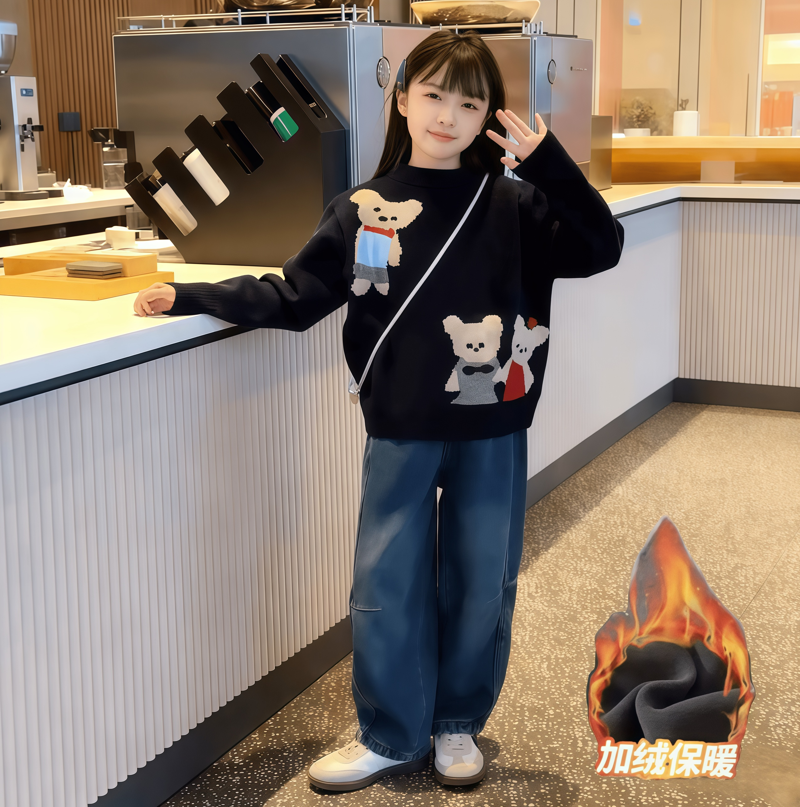 女童2025新款秋冬季韩版小熊宽松甜美毛衣潮品加绒牛仔裤裤套装