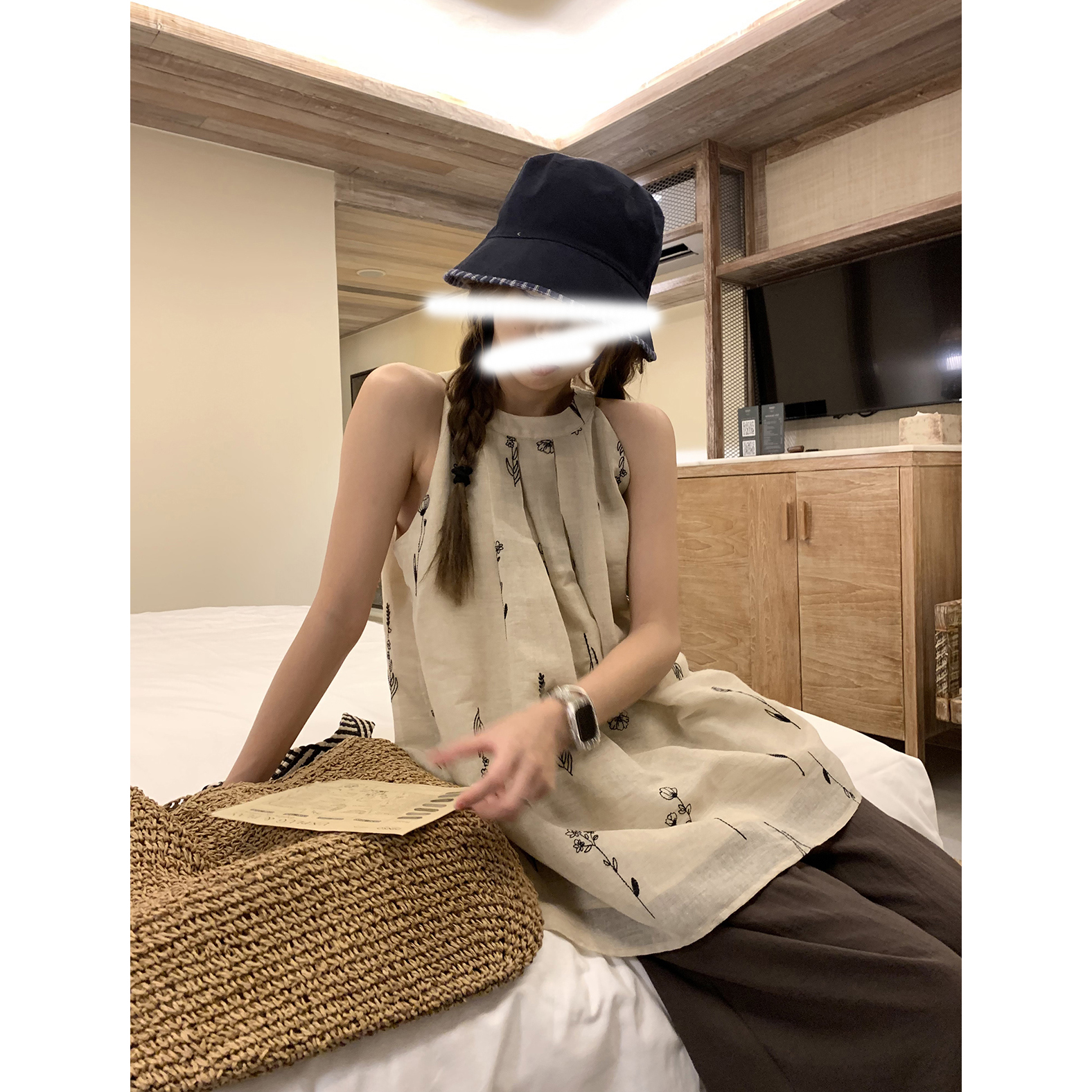 夏季圆领背心吊带中长款可爱刺绣花朵背心上衣+垂感拖地阔腿裤女