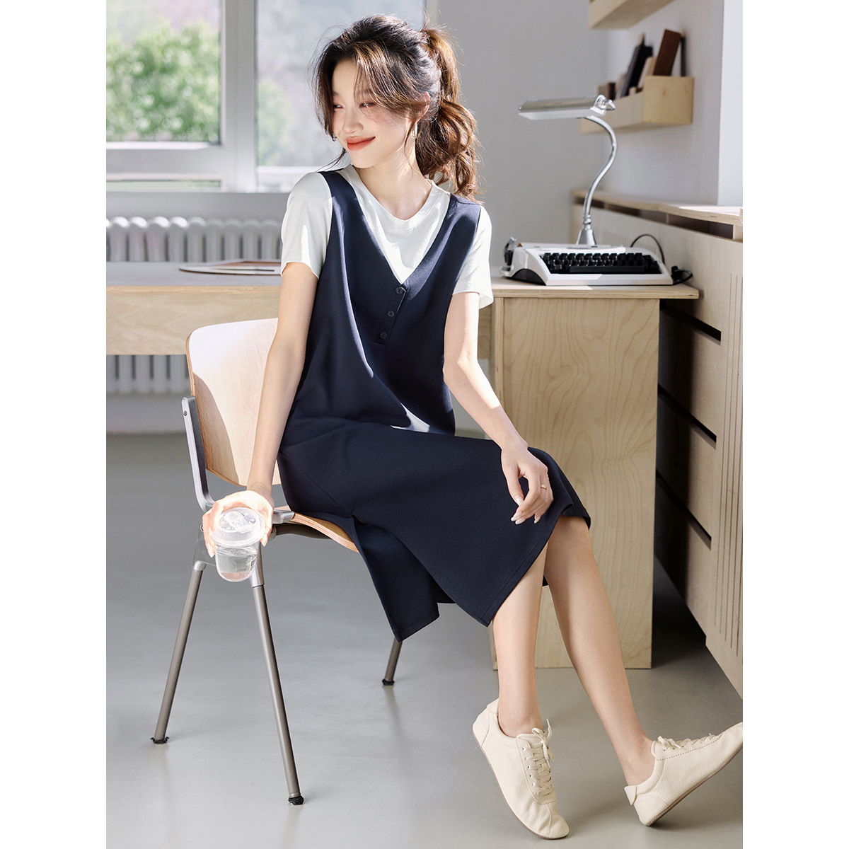 通勤简约撞色拼接假两件裙子25夏季新款设计感显瘦连衣裙