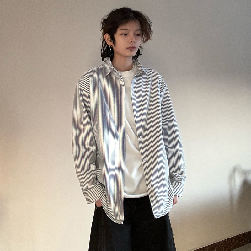 A+条纹衬衣男女同款春季新款2025宽松中性风休闲百搭复古长袖衬衫