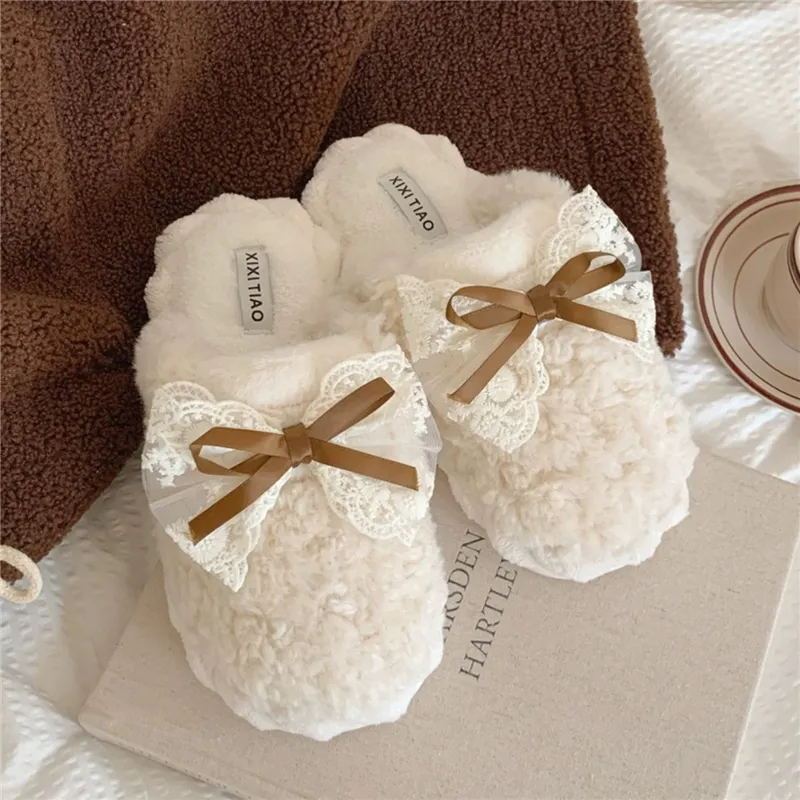 复古毛绒绒保暖情侣棉拖鞋冬季新款可爱蝴蝶结居家包头月子鞋女ZF