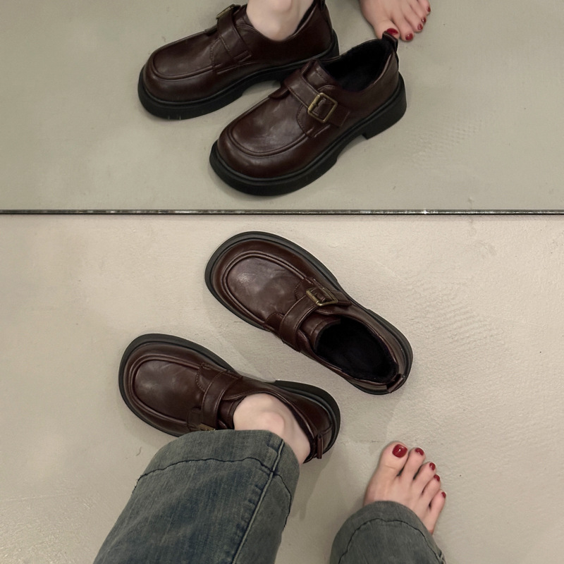 软皮厚底乐福鞋2025新款厚底粗跟单鞋女鞋百搭英伦风加绒小皮鞋