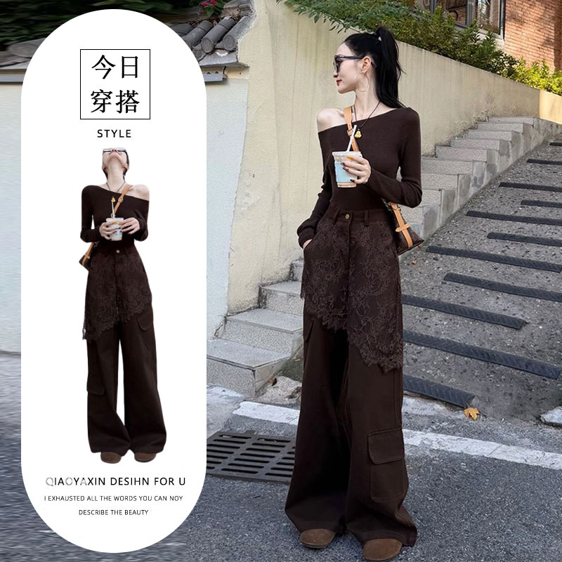 2025新款秋季穿搭ootd一整套小香风咖色长袖T恤阔腿裤两件套装女