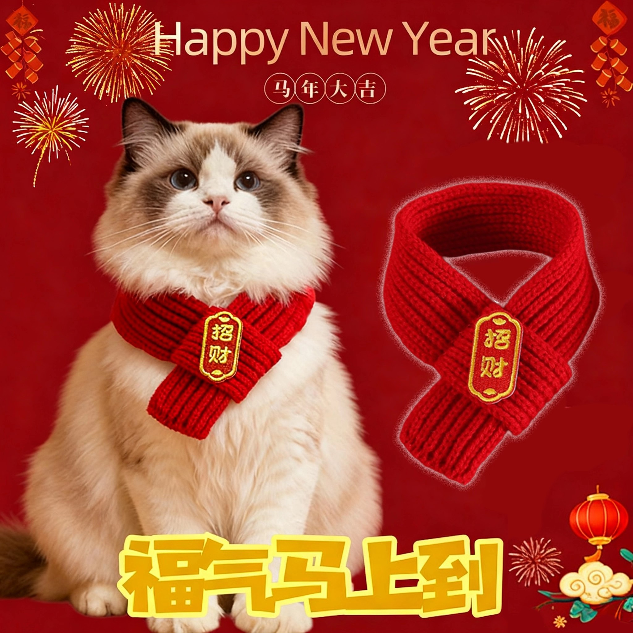 2026宠物围巾狗狗猫咪项圈春节喜庆项圈新年项链礼物宠物保暖围巾