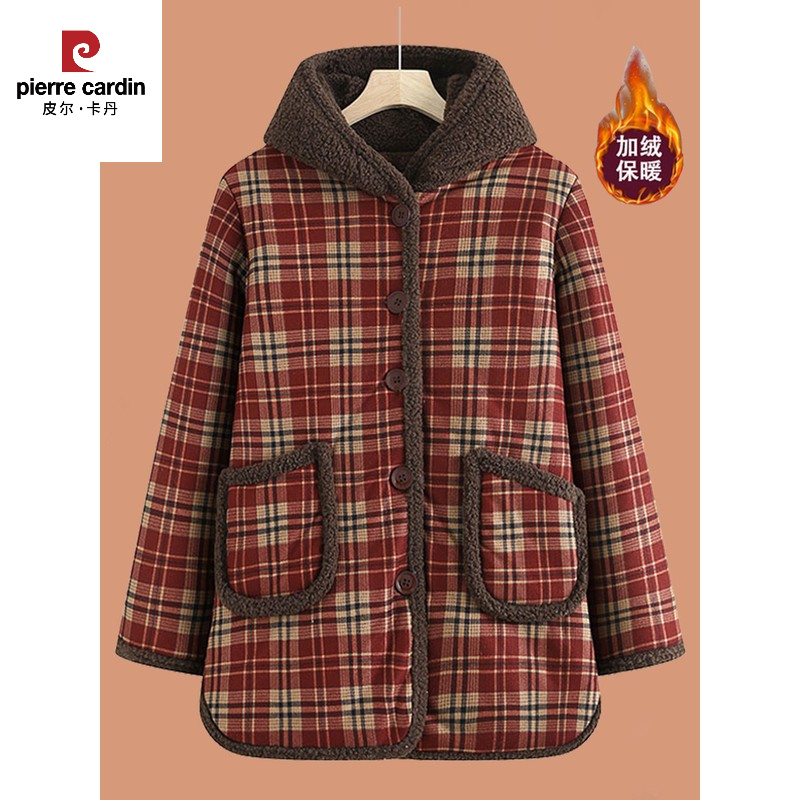 皮尔卡丹妈妈冬季加绒加厚保暖棉衣外套宽松50岁60中老年女连帽铺