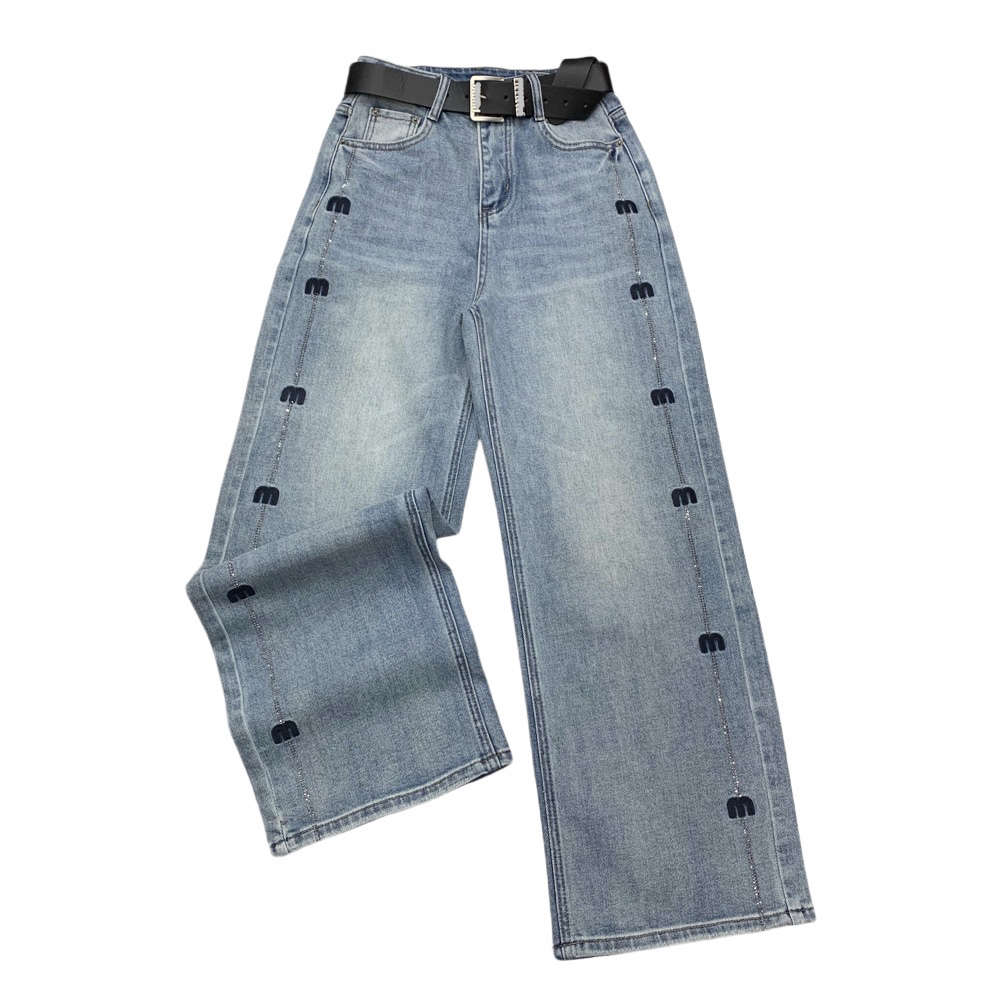 W5856新款重工烫钻刺绣显瘦直筒牛仔裤（不带腰带）