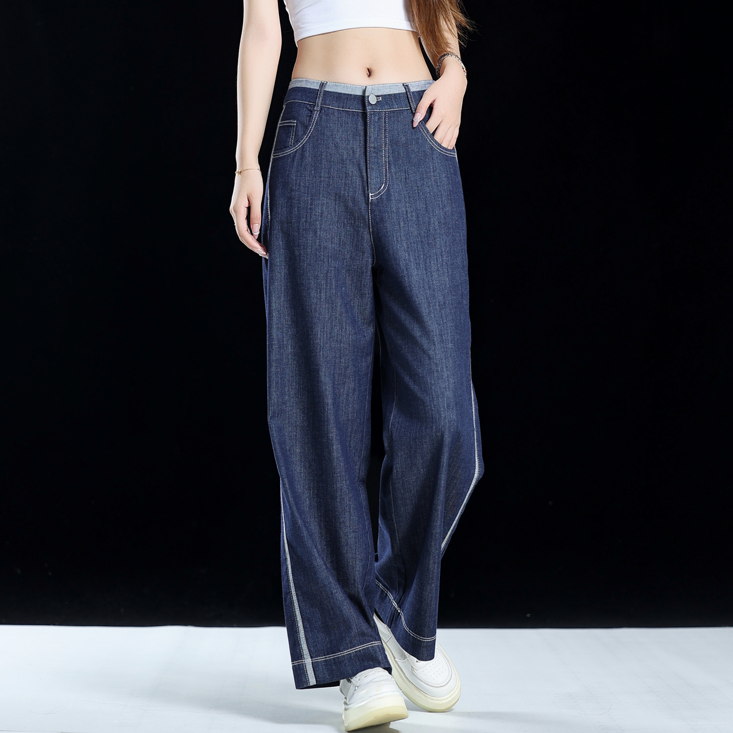 丹宁蓝牛仔裤女夏薄款2025新款小个子阔腿裤直筒高腰撞色九分裤子