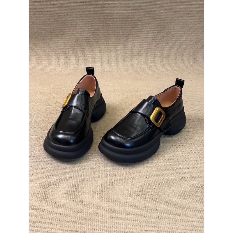 nnmiss·34-40/6cm高颜值圆头擦色皮带扣深口单鞋运动风厚底小皮鞋