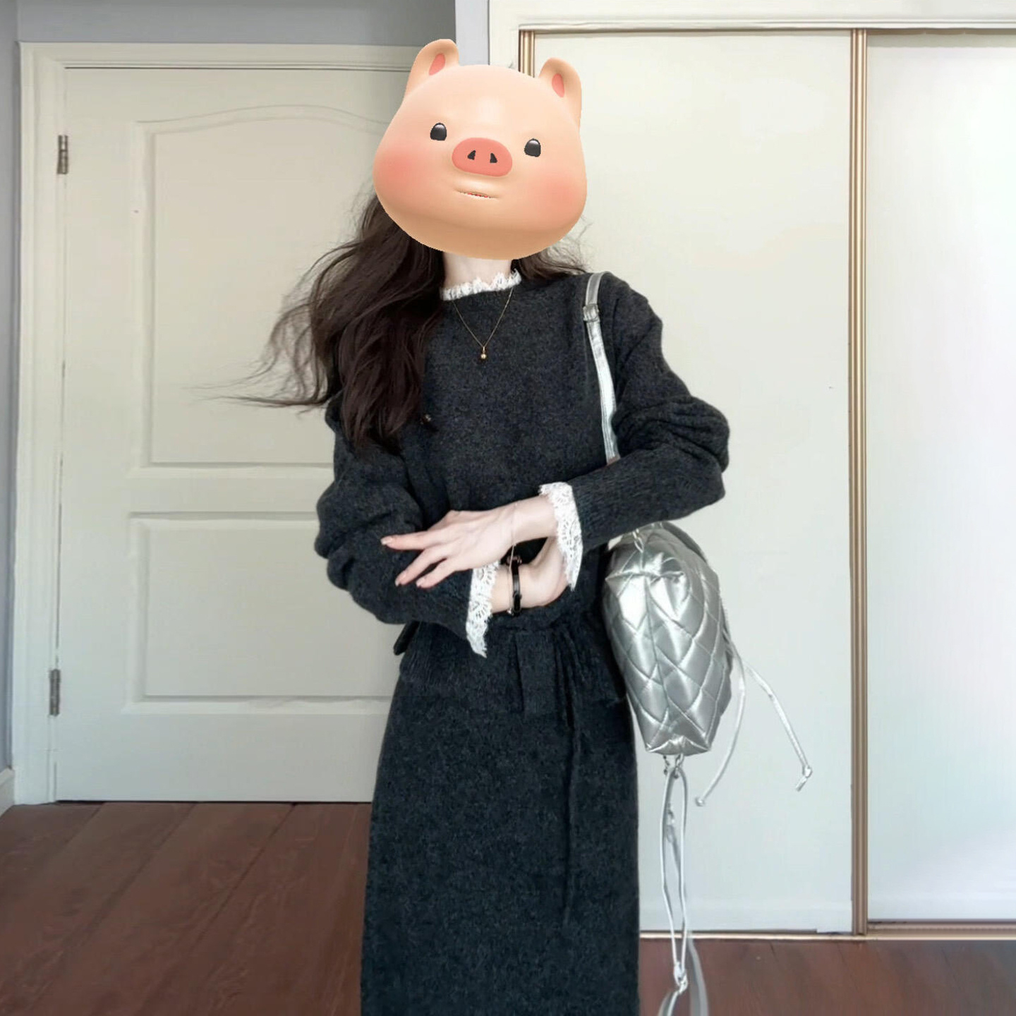 法式蕾丝拼接针织连衣裙子女秋季2025新款高级感气质长裙穿搭套装