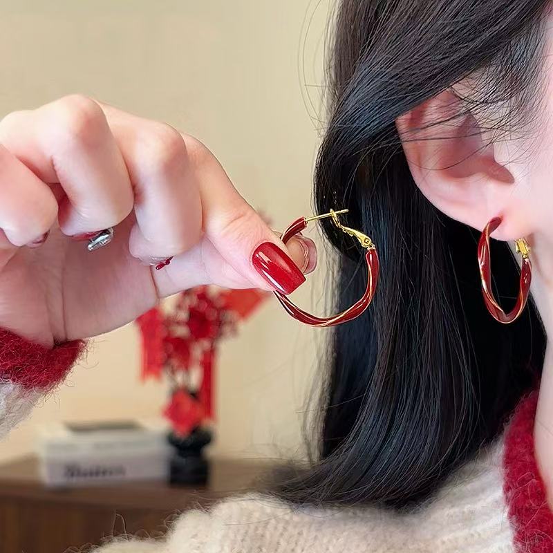 新年圣诞安哥拉红耳圈耳环秋冬新爆款百搭时尚