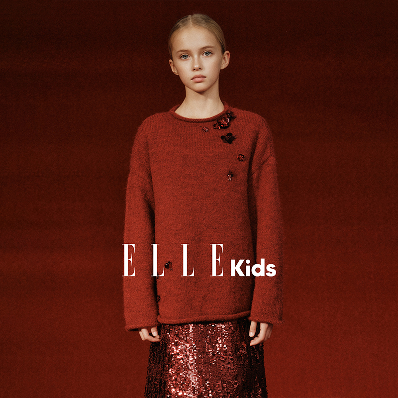 ELLE KIDS童装 手工钉花卷边毛衣女童秋冬新款宽松百搭针织衫D4