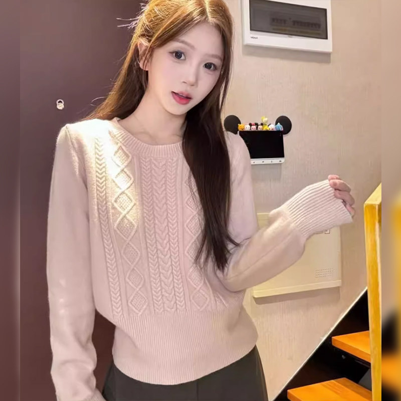 韩系设计感绞花纹粉色圆领长袖毛衣女秋冬季慵懒风套头针织衫上衣