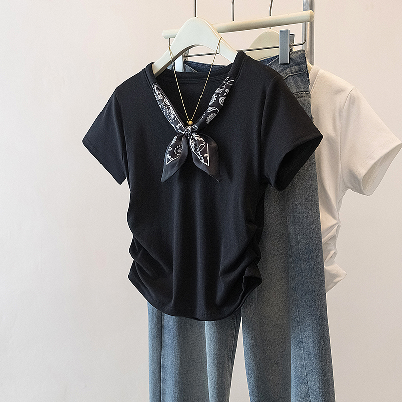 yoewshean/羽媗夏季微胖mm大码法式丝巾v领正肩短袖t恤女显瘦修身