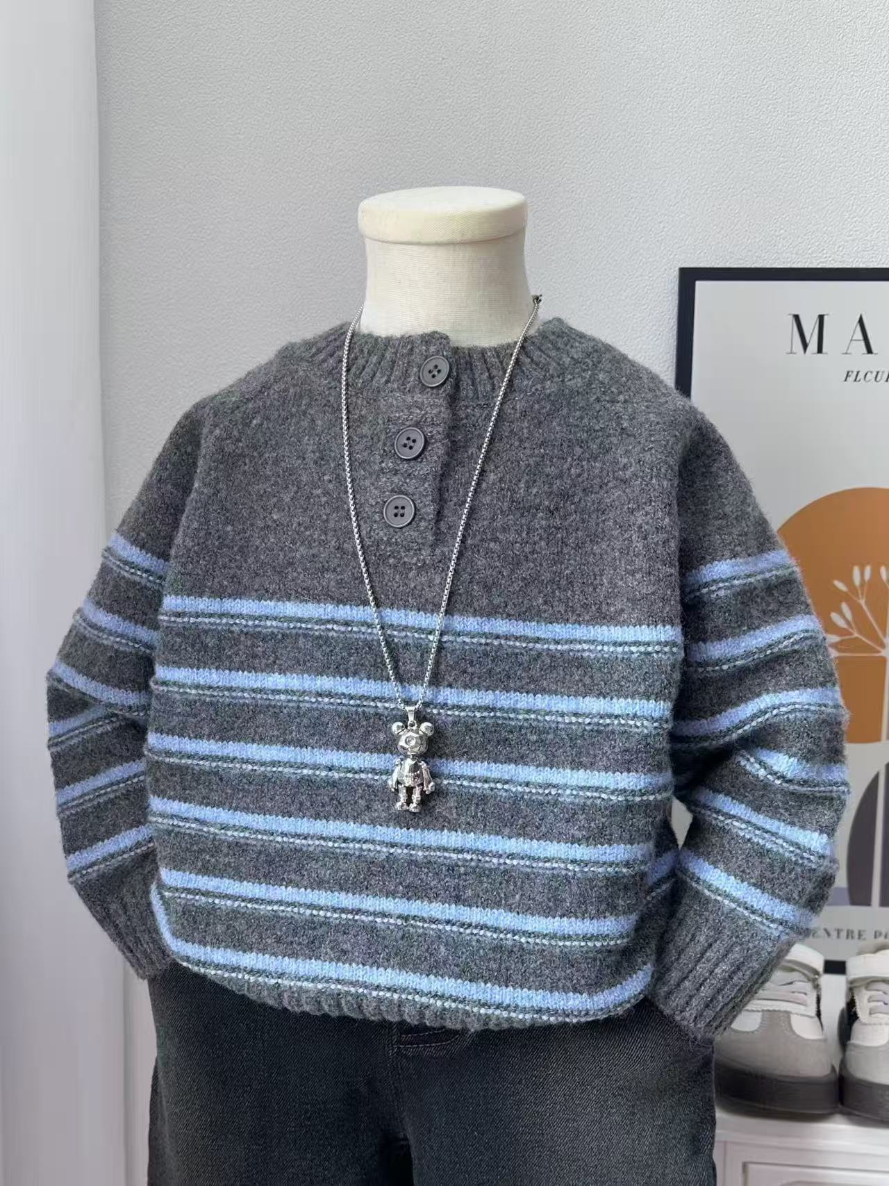 休闲风长袖条纹圆领男毛衣针织衫休闲加厚冬季套头