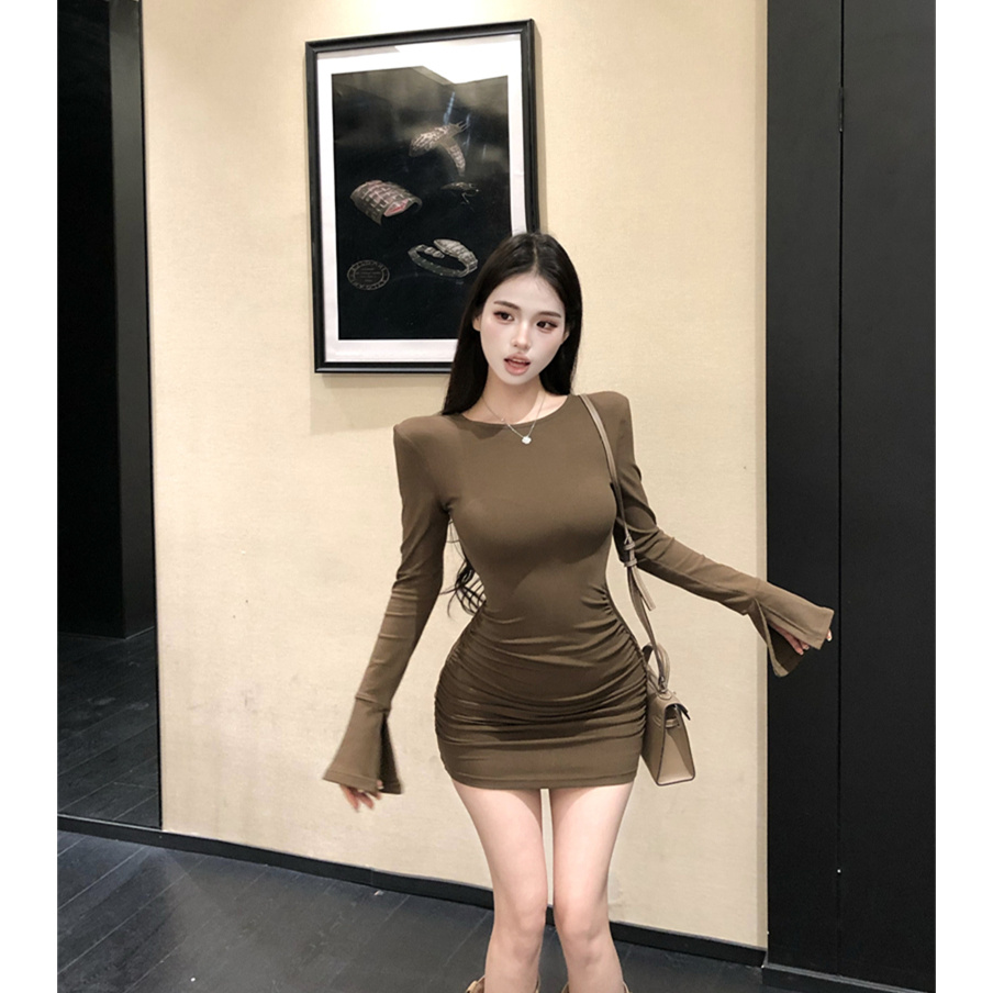 性感纯欲修身抽褶喇叭袖包臀短裙连衣裙