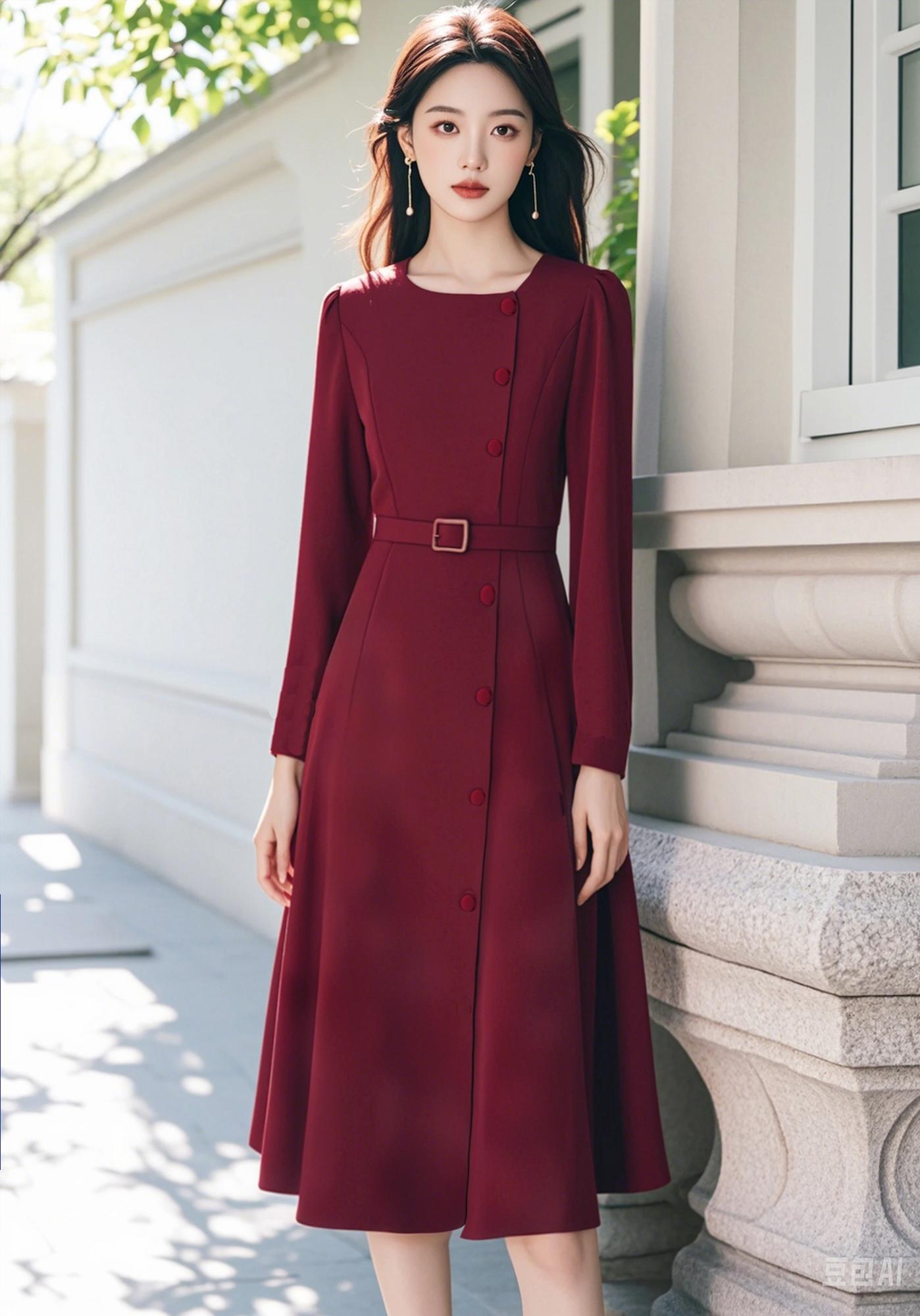 高级感酒红色长袖连衣裙女2025春新款气质名媛修身显瘦裙子A3008