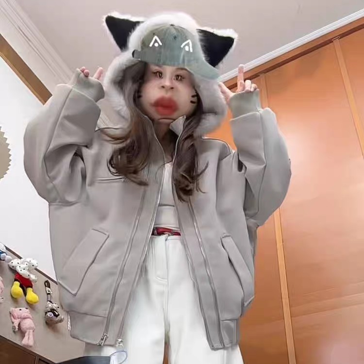 休闲长袖冬季夹克带帽百搭拉链上衣扎染加厚皮外套毛领