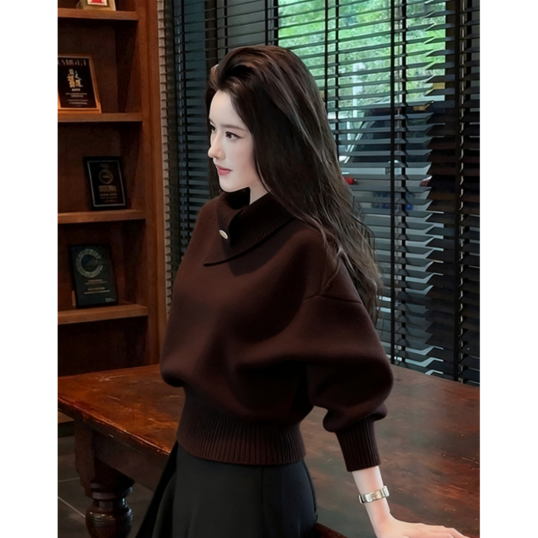 秋冬韩系淡人高知老钱风轻熟设计感软糯慵懒咖色高领打底针织衫女