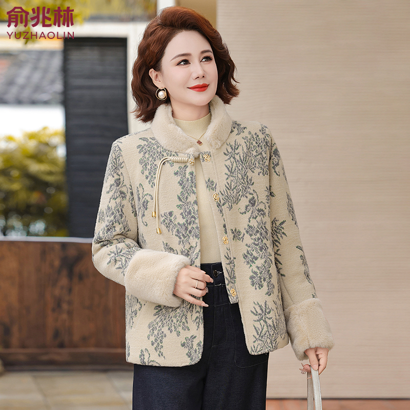俞兆林妈妈冬装加绒加厚水貂绒外套洋气中老年女装新中式毛呢大衣