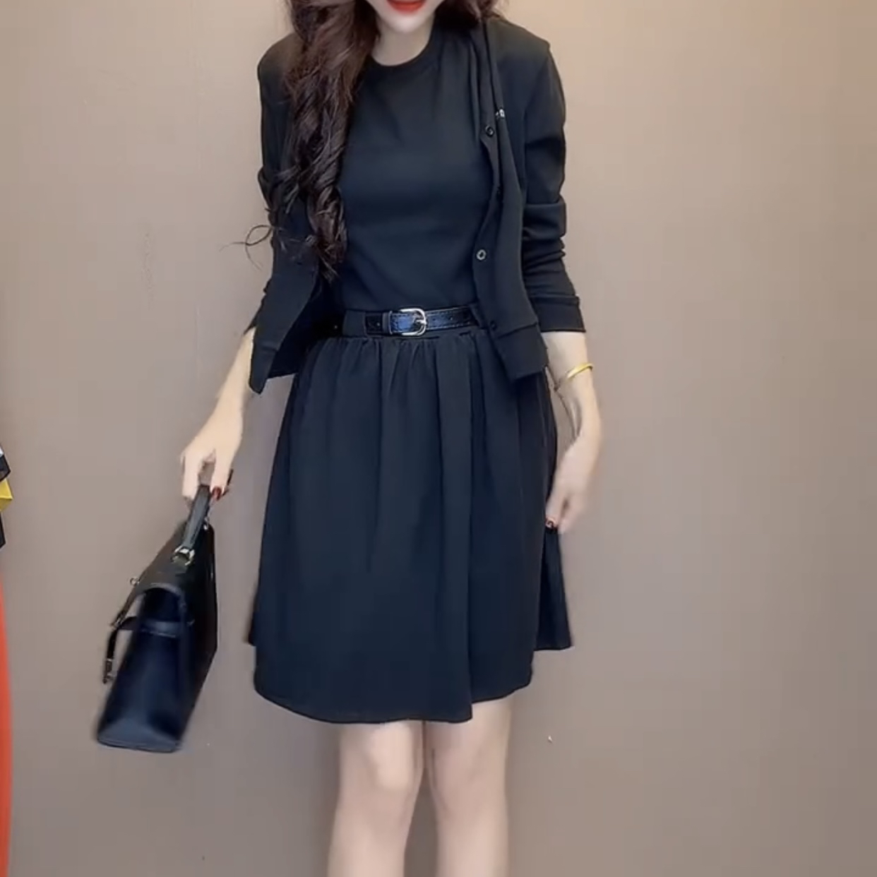 秋季韩版休闲开衫搭配高腰长裙女装套装