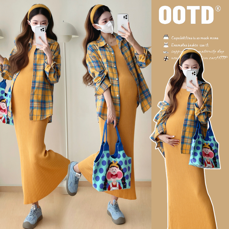 2025春季新款孕妇网红背心连衣裙长袖格子开衫衬衣孕妇装时尚气质