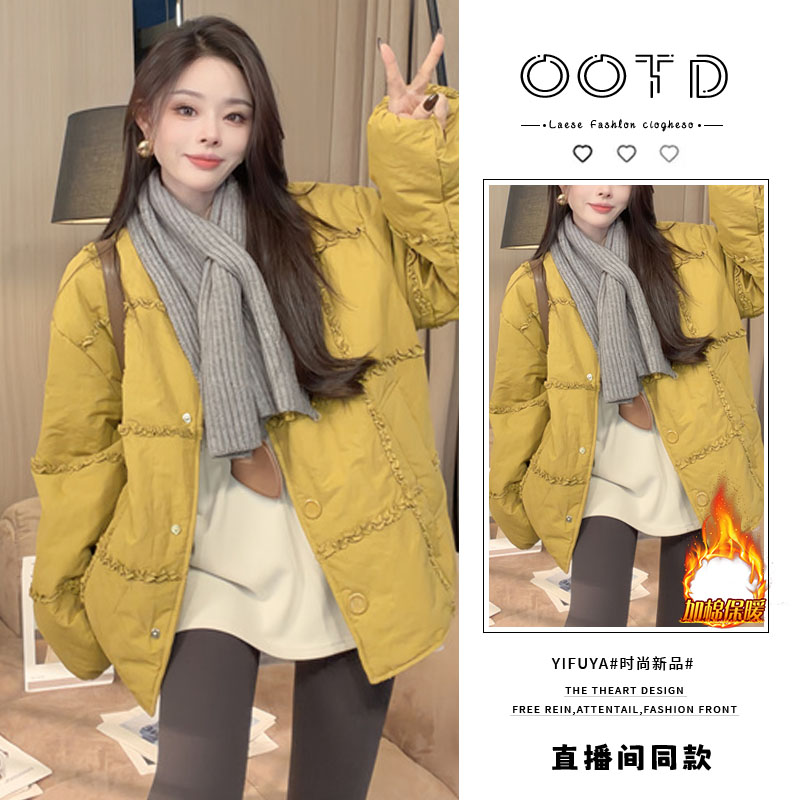 2025年冬季新款韩版时尚休闲宽松圆领短外套女士加棉保暖开衫上衣