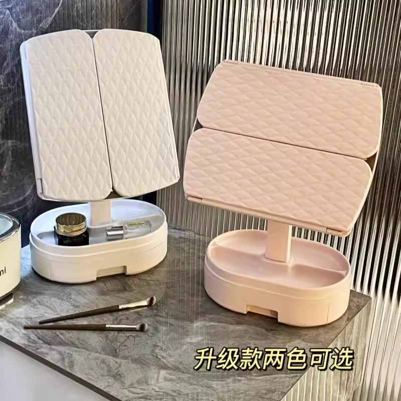 贝壳镜折叠收纳二合一化妆镜带灯台式旋转梳妆镜学生宿舍桌面镜子